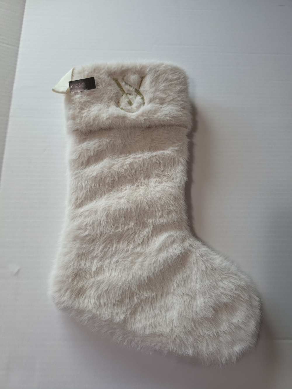 Victoria’s Secret W/ Gold Embroidered Faux Fur Christmas Stocking NWT